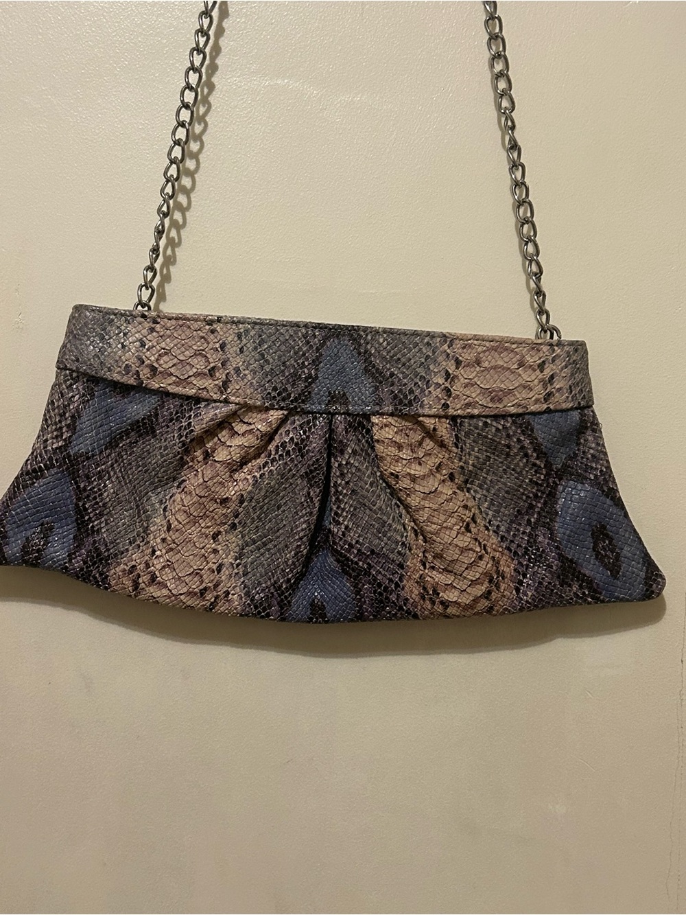 Lauren Merkin Python-Print Chain Strap Clutch Handbag in Tan and Blue